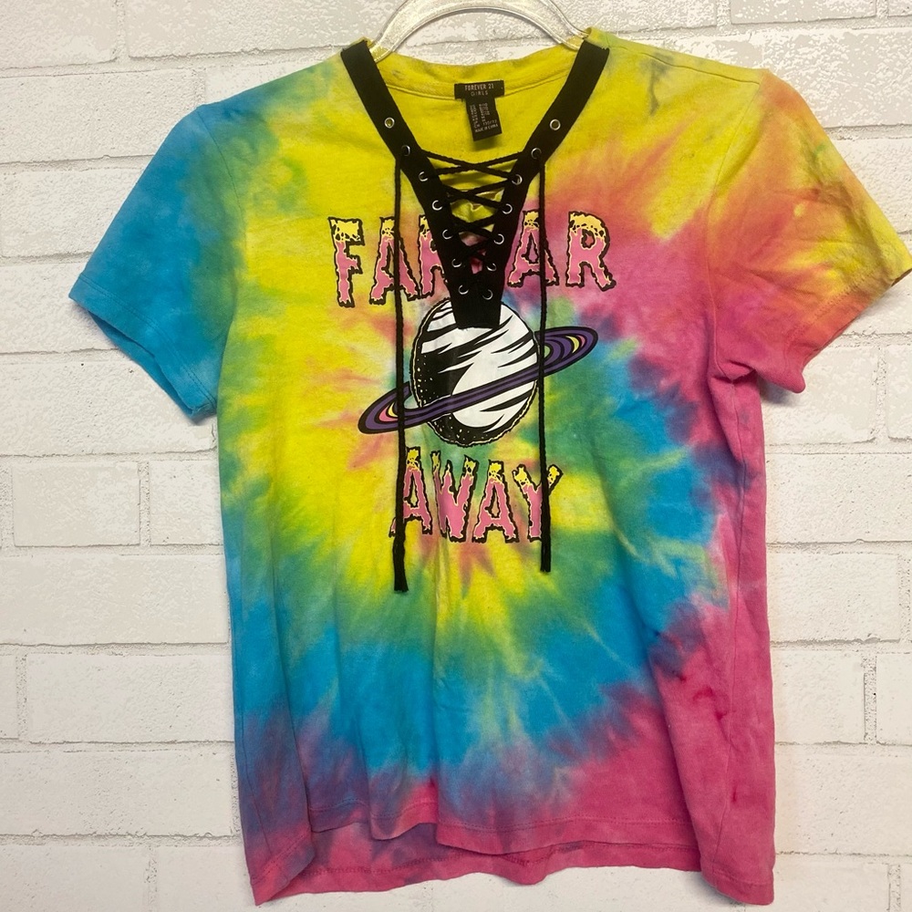 “Far Far Away” tie dye graphic tee lace up neck